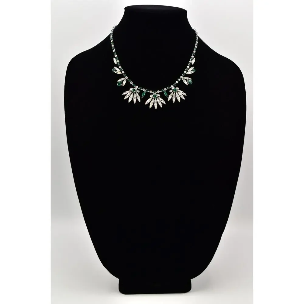 Vintage Crystal Collar Necklace Green Marquise Floral Prong Rhinestone BinBL